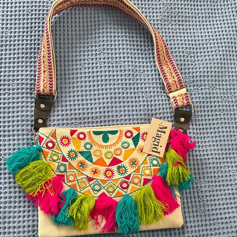 Magid Colorful Embroidered Bag with Pink Tassels